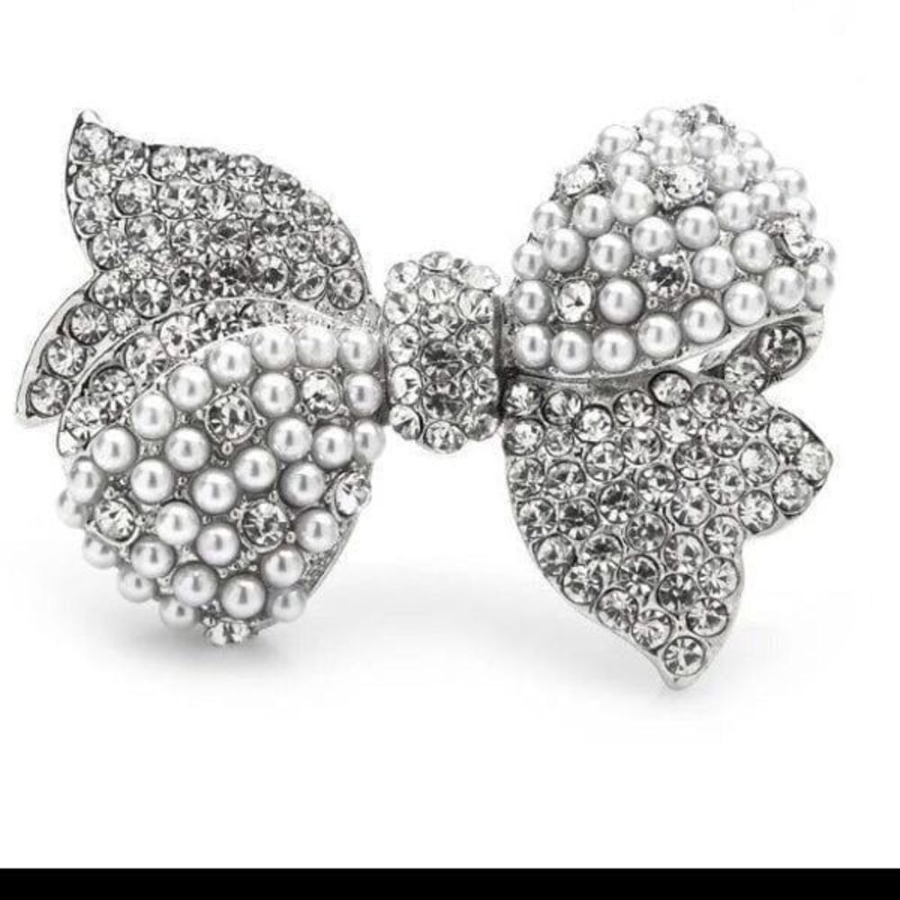 Silver Rhinestone Pearls Gift Bow Brooch Sparkling Vintage Inspired Brooch NEW